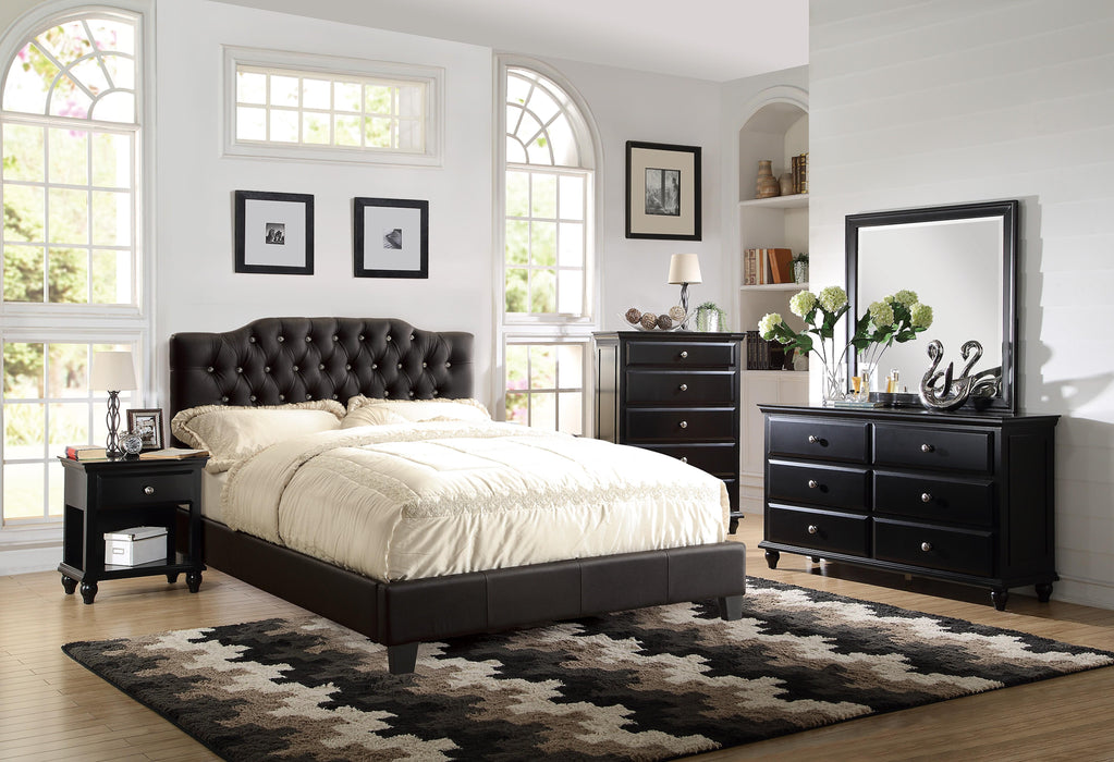 Chyuan Queen Bed/Black Pu, Headboard 47"H/Footboard 15.5"H in Black / Espresso