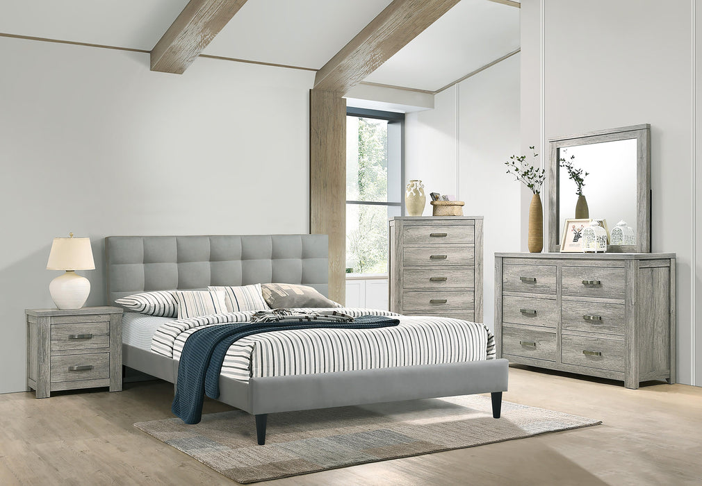 Chyuan Eastern King Bed/Grey Fabric in Light Grey/Espresso