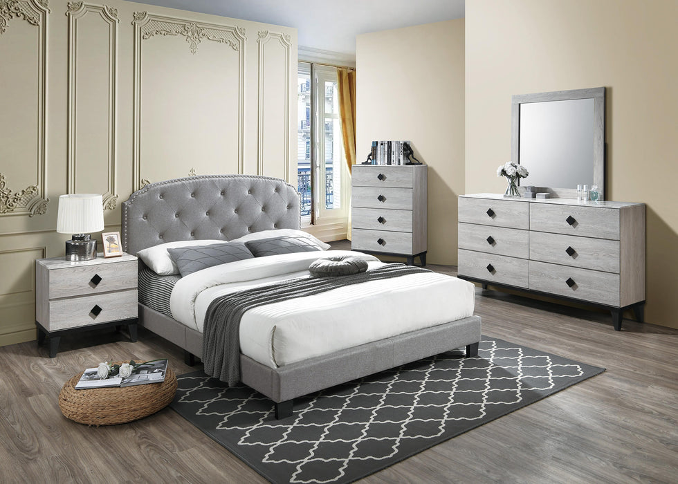 Chyuan Queen Bed/Light Grey Burplap in Light Grey / Black